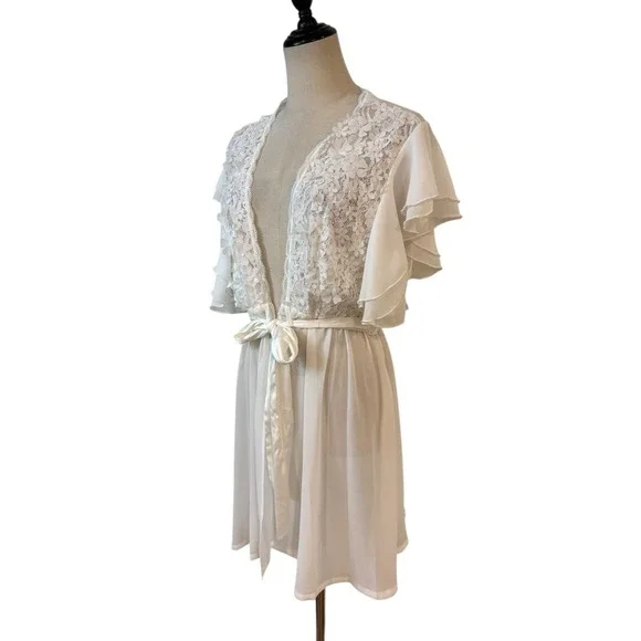 Vtg Seductivewear Sheer Short Robe Sz XL White Floral Bridal Boudoir Cover Up - Picture 2 of 8